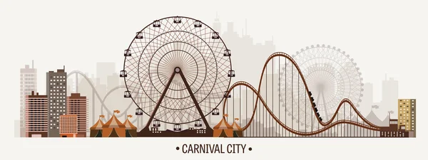 Vector illustration. Ferris wheel. Carnival. Funfair background. Circus park.  Skyscrapers with roller coast. — Stockvector