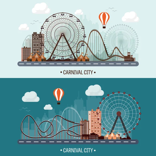 Vector illustration. Ferris wheel. Carnival. Funfair background. Circus park.  Skyscrapers with roller coast. — Wektor stockowy