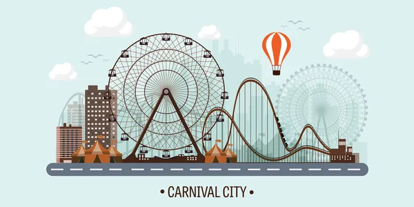 Vector illustration. Ferris wheel. Carnival. Funfair background. Circus park.  Skyscrapers with roller coast. — Stockvector