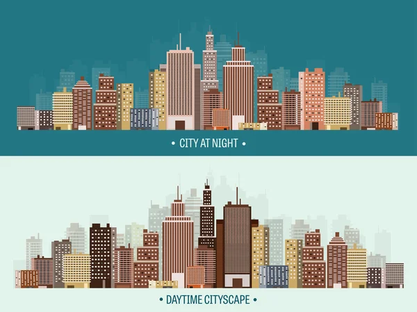 Vector illustration. Set of city silhouettes. Cityscape. Town skyline. Panorama. Midtown houses. Skyscrapers. — Stockový vektor