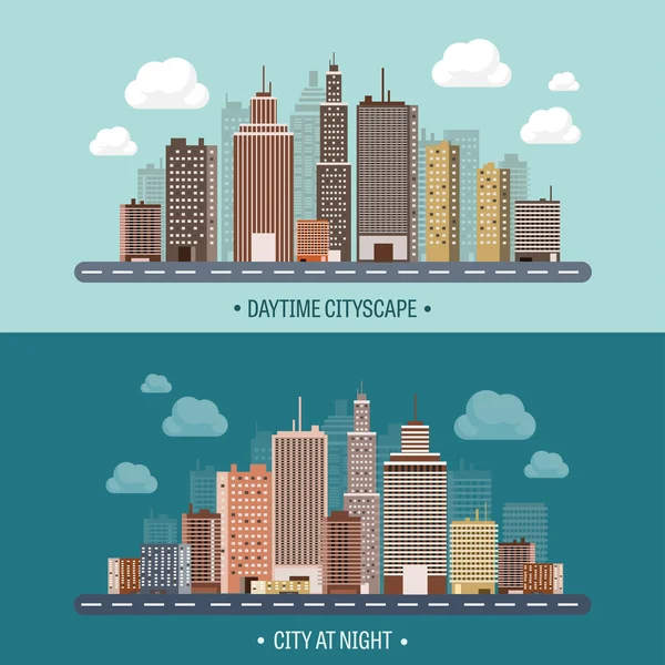 Vector illustration. Set of city silhouettes. Cityscape. Town skyline. Panorama. Midtown houses. Skyscrapers. — Stock Vector
