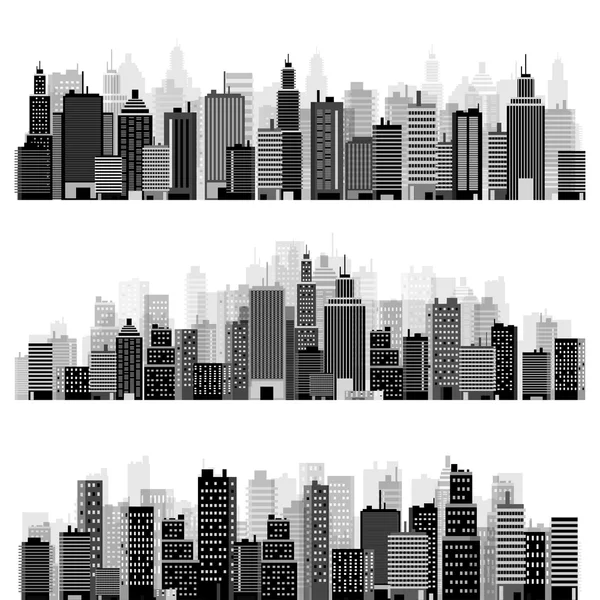 Vector illustration. Set of city silhouettes. Cityscape. Town skyline. Panorama. Midtown houses. Skyscrapers.