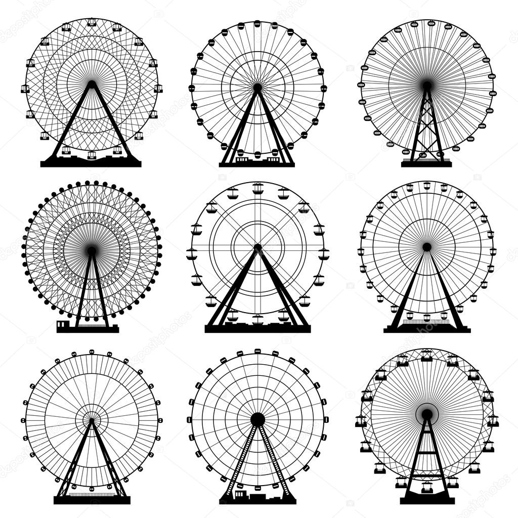 Vector illustrations set. Ferris wheel. Carnival. Funfair background.