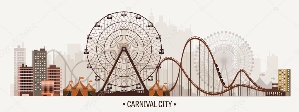 Vector illustration. Ferris wheel. Carnival. Funfair background. Circus park.  Skyscrapers with roller coast.