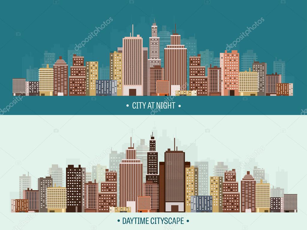Vector illustration. Set of city silhouettes. Cityscape. Town skyline. Panorama. Midtown houses. Skyscrapers.