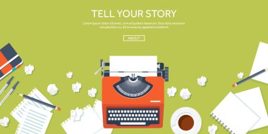 Vector illustration.  Flat typewrite. Tell your story. Author. Blogging.