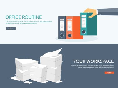 Vector illustration. Flat background Paperwork ,office routine, documents. Workspace. Hand with folders.