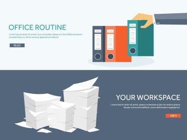 Vector illustration. Flat background Paperwork ,office routine, documents. Workspace. Hand with folders. clipart
