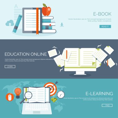 Vektör çizim. Düz arka plan ayarlayın. Uzaktan eğitim, öğrenme. Online Kurslar ve web okul. Bilgi, bilgi. İşlem çalışma. E-öğrenme.