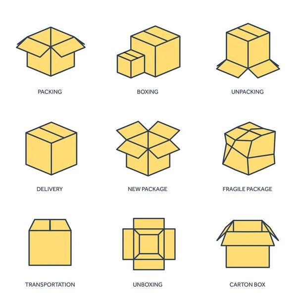 Ilustración vectorial. Caja de cartón plano. Transporte, embalaje, envío. Servicio de correos y entrega . — Vector de stock