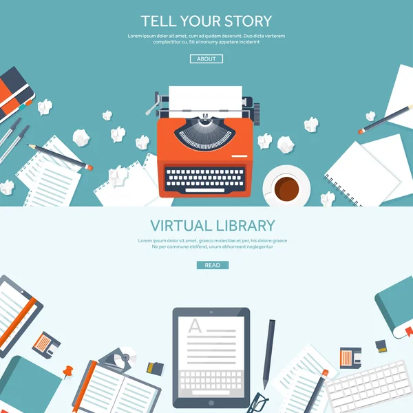 Vector illustration.  Flat typewrite. Tell your story. Author. Blogging. — Stockový vektor