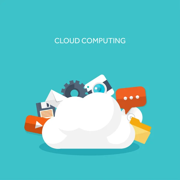 Illustrazione vettoriale. Piatto sfondo cloud computing. Tecnologia della rete di archiviazione dati. Contenuti multimediali, siti web di hosting. Memoria, trasferimento di informazioni . — Vettoriale Stock