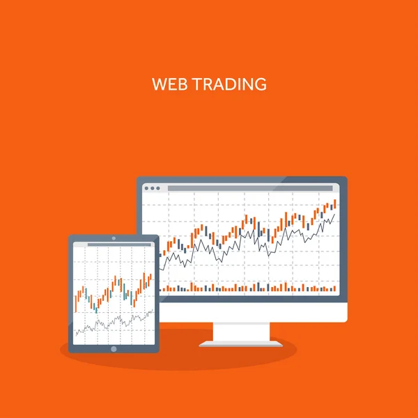 Vektor illustration. Platt bakgrund. Torghandeln. Handelsplattform, konto. Inbringande, business. Analys. Investera. — Stock vektor