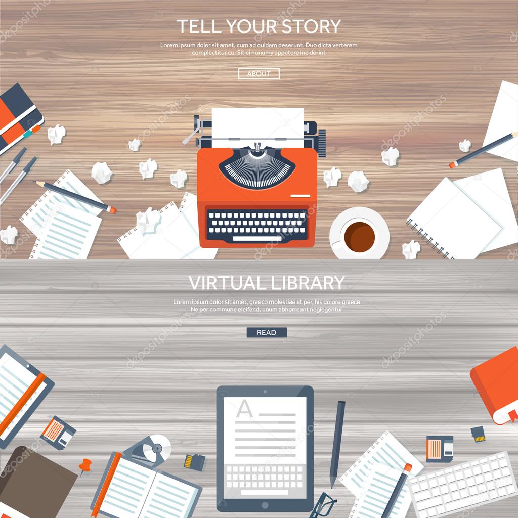 Vector illustration.  Flat typewrite. Tell your story. Author. Blogging.