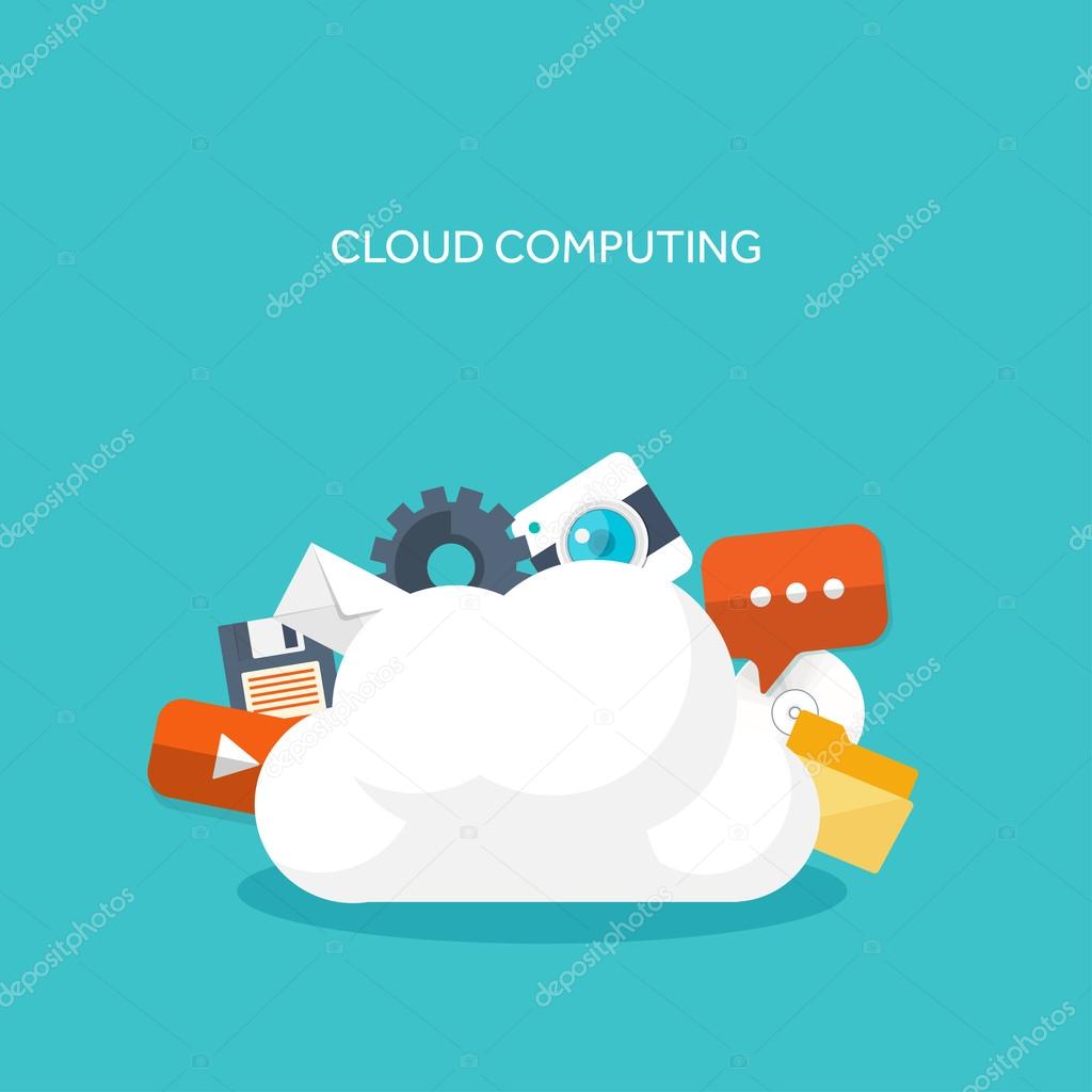 Vector illustration. Flat cloud computing background. Data storage network technology. Multimedia content ,web sites hosting. Memory ,information transfer.