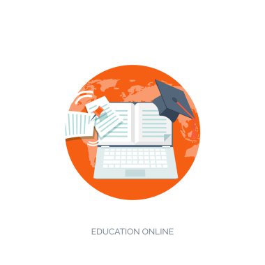 Vektör çizim. Düz arka plan ayarlayın. Uzaktan eğitim, öğrenme. Online Kurslar ve web okul. Bilgi, bilgi. İşlem çalışma. E-öğrenme.