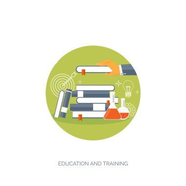 Vektör çizim. Düz arka plan ayarlayın. Uzaktan eğitim, öğrenme. Online Kurslar ve web okul. Bilgi, bilgi. İşlem çalışma. E-öğrenme.