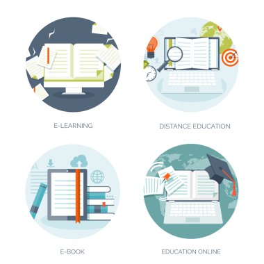 Vektör çizim. Düz arka plan ayarlayın. Uzaktan eğitim, öğrenme. Online Kurslar ve web okul. Bilgi, bilgi. İşlem çalışma. E-öğrenme.