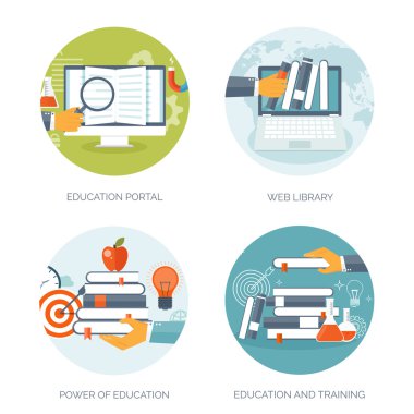 Vektör çizim. Düz arka plan ayarlayın. Uzaktan eğitim, öğrenme. Online Kurslar ve web okul. Bilgi, bilgi. İşlem çalışma. E-öğrenme.