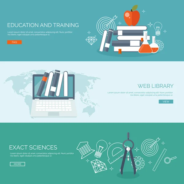 Ilustración vectorial. Fondo plano fijado. Educación a distancia, aprendizaje. Cursos en línea y escuela web. Conocimiento, información. Proceso de estudio. Aprendizaje electrónico . — Vector de stock