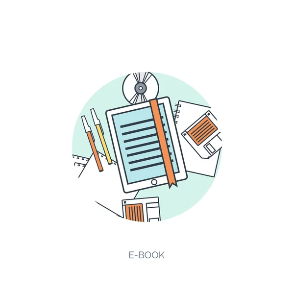 Ilustração vetorial. Fundo plano definido. Educação à distância, aprendizagem. Cursos online e web school. Conhecimento, informação. Processo de estudo. E-learning . — Vetor de Stock