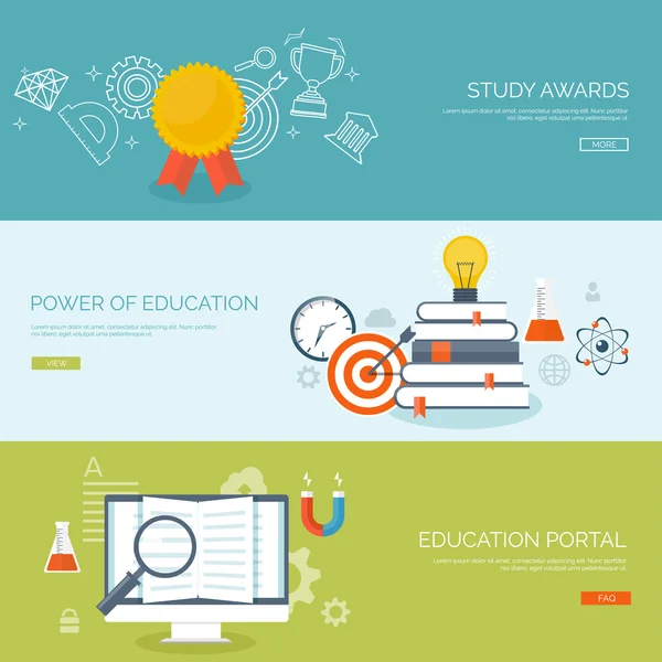 Ilustración vectorial. Fondo plano fijado. Educación a distancia, aprendizaje. Cursos en línea y escuela web. Conocimiento, información. Proceso de estudio. Aprendizaje electrónico . — Archivo Imágenes Vectoriales