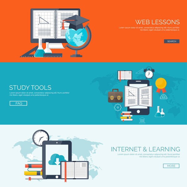 Vector illustration. Flat backgrounds set. Distance education ,learning. Online courses and web school. Knowledge ,information. Study process. E-learning.