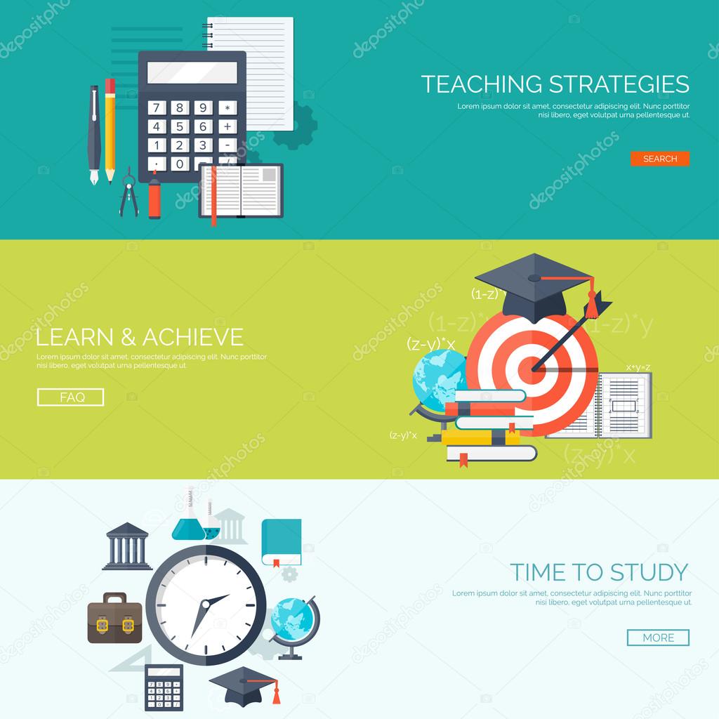 Vector illustration. Flat backgrounds set. Distance education ,learning. Online courses and web school. Knowledge ,information. Study process. E-learning.