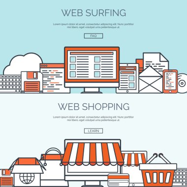 Vektör çizim. Düz başlık. Alışveriş. Web mağaza. Küresel iletişim, ticaret. E-iş. Ticaret, para yapma. Internet Bankacılığı.