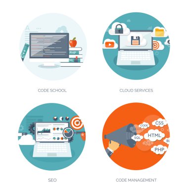 Vector illustration. Flat background. Coding, programming. SEO. Search engine optimization. App development and creation. Software, program code. Web design.