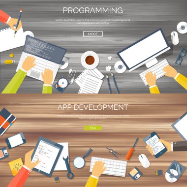 Vector illustration. Flat background. Coding, programming. SEO. Search engine optimization. App development and creation. Software, program code. Web design.