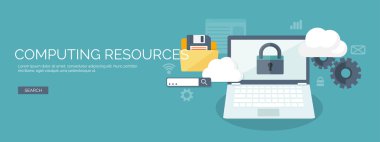 Vector illustration. Flat cloud computing background. Data storage network technology. Multimedia content and web sites hosting. Memory, information transfer.