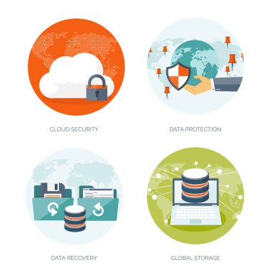 Vector illustration. Flat cloud computing background. Data storage network technology. Multimedia content and web sites hosting. Memory, information transfer.