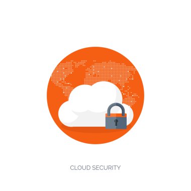 Vector illustration. Flat cloud computing background. Data storage network technology. Multimedia content and web sites hosting. Memory, information transfer.