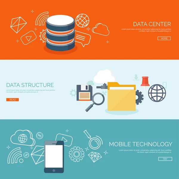 Ilustración vectorial. Fondo de computación en nube plana. Tecnología de red de almacenamiento de datos. Contenido multimedia y alojamiento de sitios web. Memoria, transferencia de información . — Vector de stock