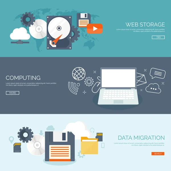 Vector illustration. Flat cloud computing background. Data storage network technology. Multimedia content and web sites hosting. Memory, information transfer. — Stok Vektör