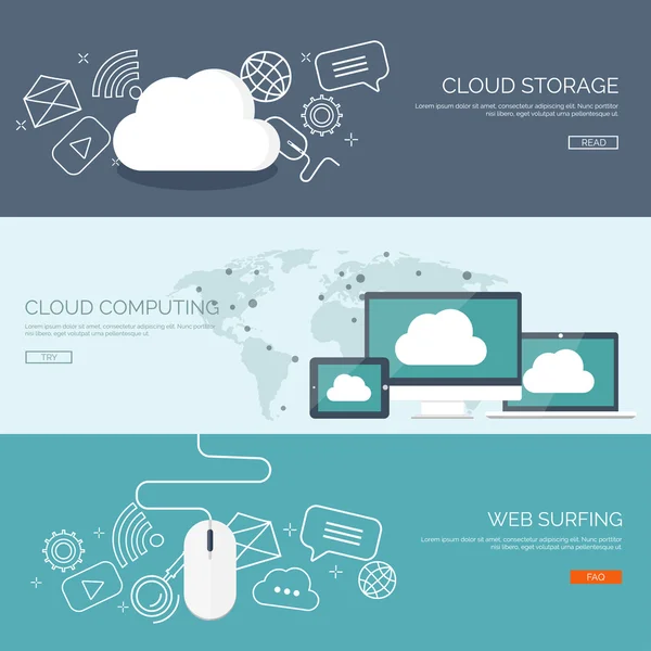 Vector illustration. Flat cloud computing background. Data storage network technology. Multimedia content and web sites hosting. Memory, information transfer.