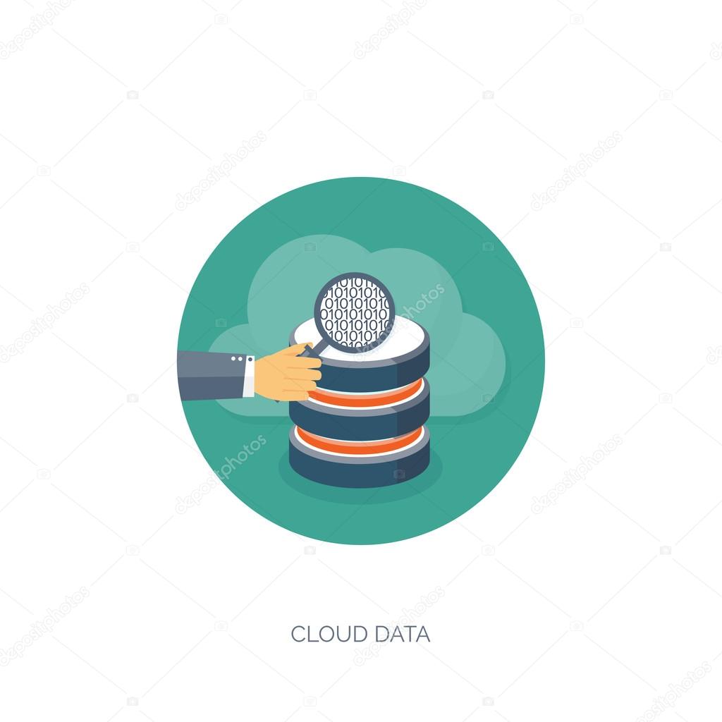 Vector illustration. Flat cloud computing background. Data storage network technology. Multimedia content and web sites hosting. Memory, information transfer.
