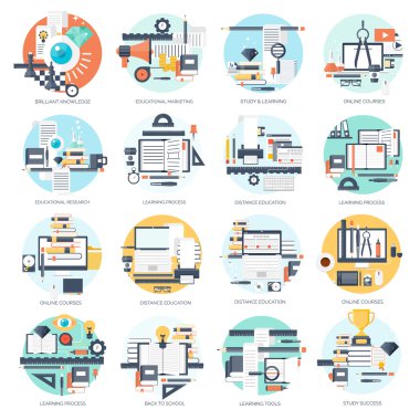 Vektör çizim. Düz arka plan ayarlayın. Uzaktan eğitim, öğrenme. Online Kurslar, web okul. Bilgi, bilgi. İşlem çalışma. E-öğrenme.