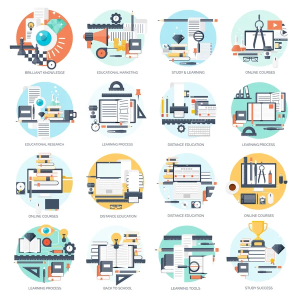 Illustration vectorielle. Fond plat ensemble. Enseignement à distance, apprentissage. Cours en ligne, école web. Connaissance, information. Processus d'étude. E-learning . — Image vectorielle