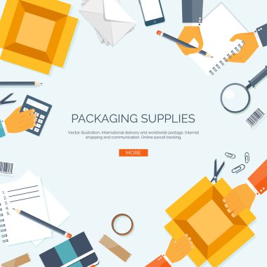 Vektör çizim. Ambalaj malzemeleri. Teslimat. Karton kutu. Büyüteç, günlüğü, kağıtları.