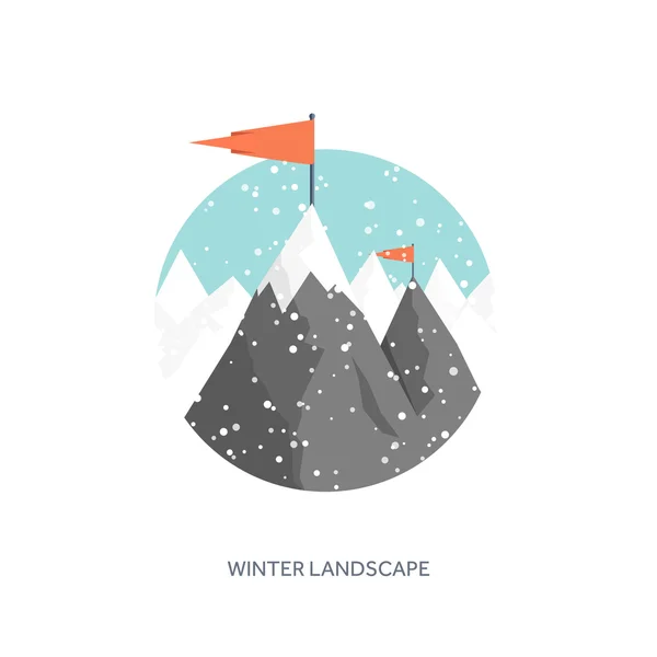 Ilustración vectorial. Paisaje invernal. Montañas con nieve. Plano. Navidad, año nuevo. Temporada . — Archivo Imágenes Vectoriales
