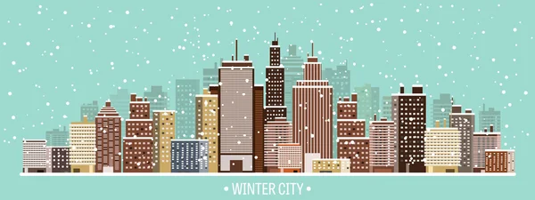 Ilustración vectorial. Paisaje urbano invernal. Ciudad con nieve. Navidad y año nuevo. Paisaje urbano. Edificios . — Archivo Imágenes Vectoriales