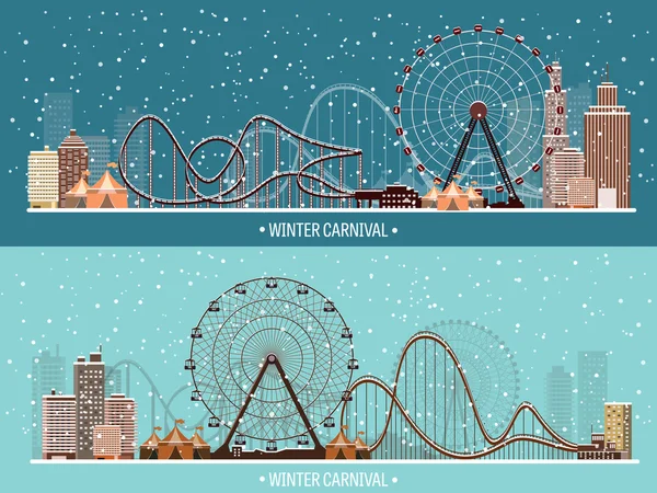 Ilustración vectorial. Rueda de la fortuna. Carnaval de invierno. Navidad, año nuevo. Parque con nieve . — Archivo Imágenes Vectoriales