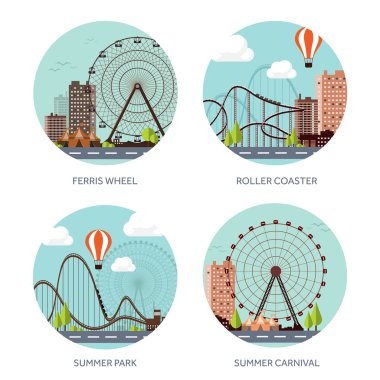 Vector illustration. Ferris wheel. Summer carnival. Funfair background. Circus park. Roller coaster.