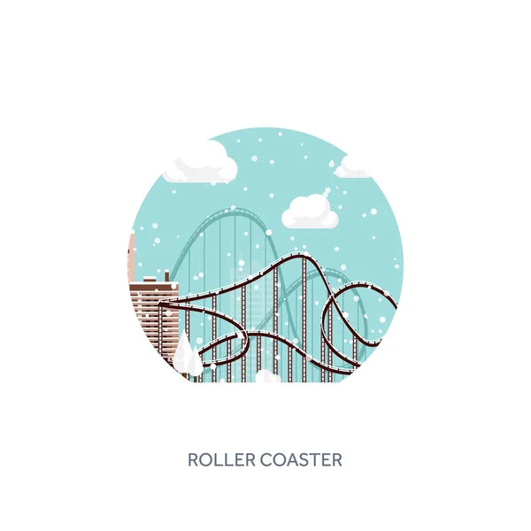 Vector illustration. Ferris wheel. Winter carnival. Christmas, new year. Park with snow. Roller coaster. — Stockvector