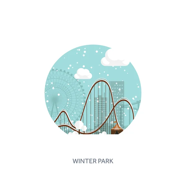Vector illustration. Ferris wheel. Winter carnival. Christmas, new year. Park with snow. Roller coaster. — Wektor stockowy