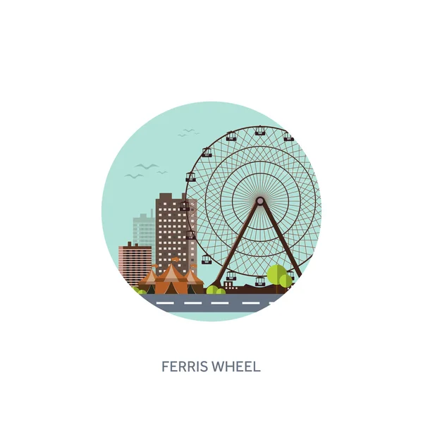 Vector illustration. Ferris wheel. Summer carnival. Funfair background. Circus park. Roller coaster. — 图库矢量图片