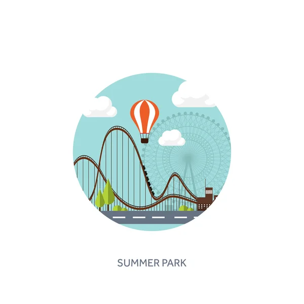 Vector illustration. Ferris wheel. Summer carnival. Funfair background. Circus park. Roller coaster. — Stock vektor