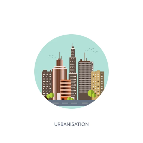 Ilustración vectorial. Conjunto de siluetas de ciudad. Paisaje urbano. El horizonte de la ciudad. Panorama. Casas Midtown. Rascacielos . — Vector de stock